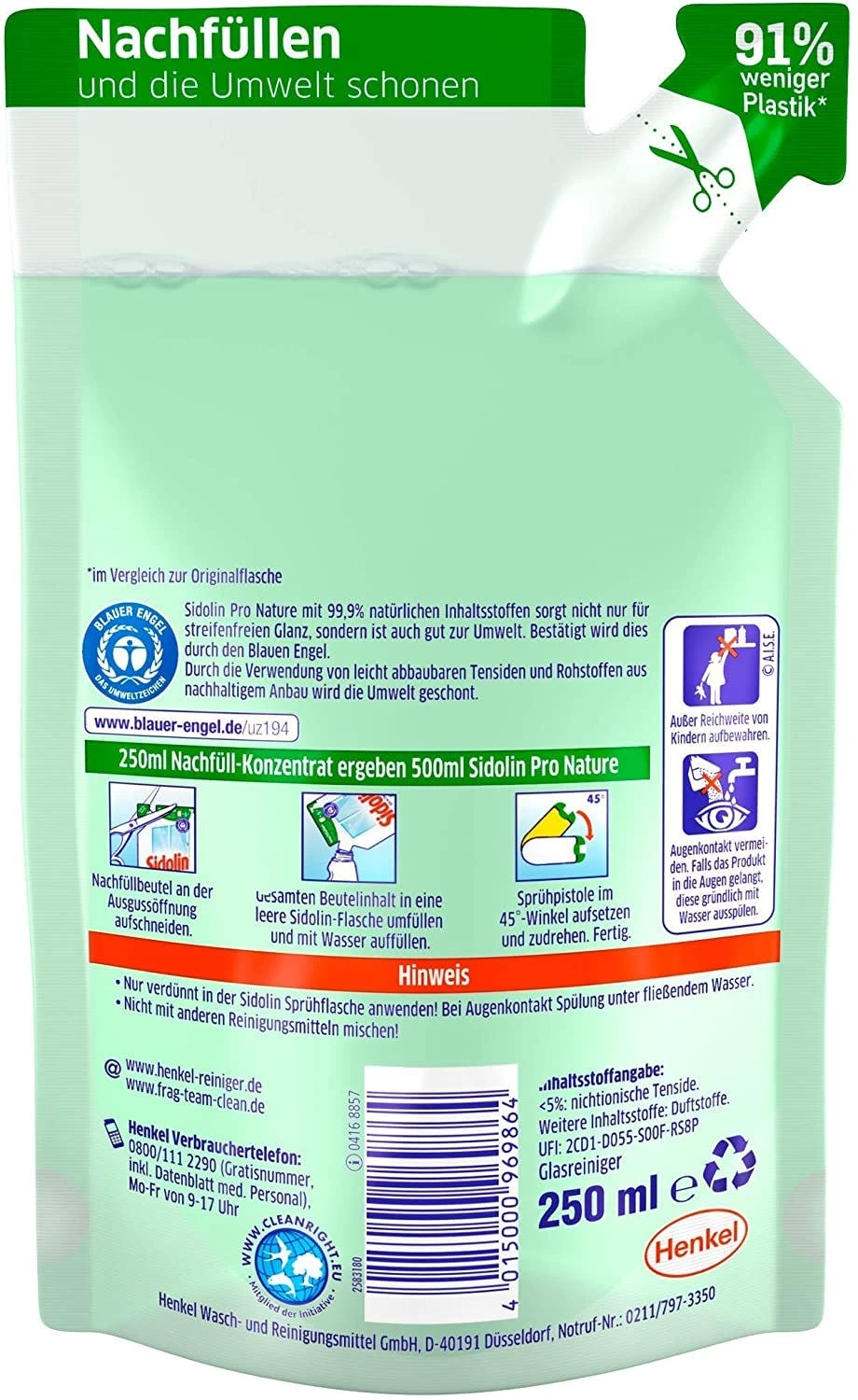 Sidolin Pro Nature PH-neutraler Glasreiniger Reinigung 250 Ml Nachfüllpack - Image 5