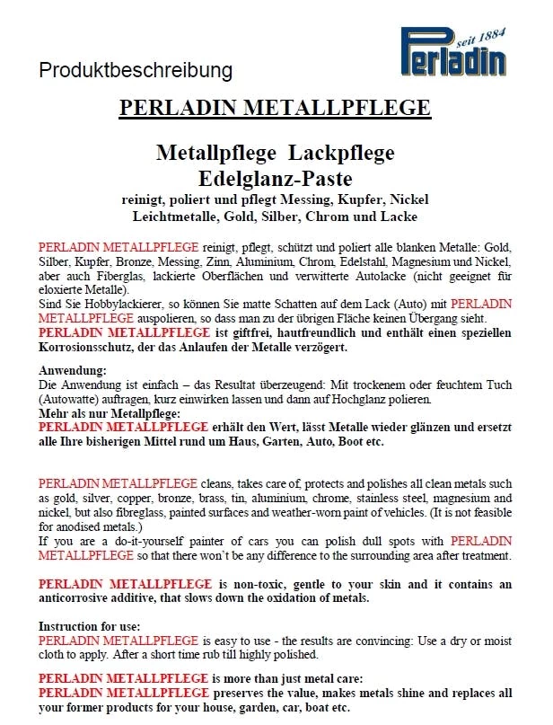 Perladin Premium Metallpflege Metallreiniger Paste EdelGlanz Tube 50ml Edelstahlpflege Reiniger - Image 2